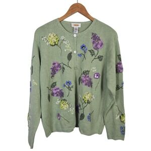 Talbots XL Sage Green Linen Cotton Floral Embroidered Beaded Cardigan NWT